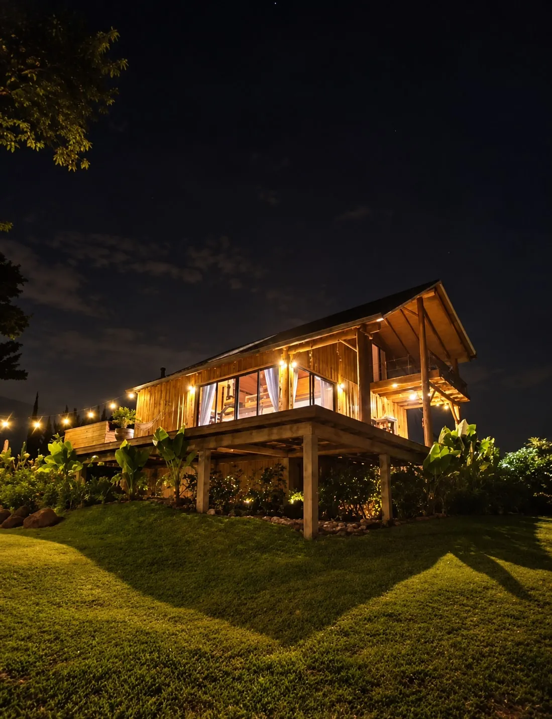 O chalé iluminado à noite, com o varal de luzes e o gramado